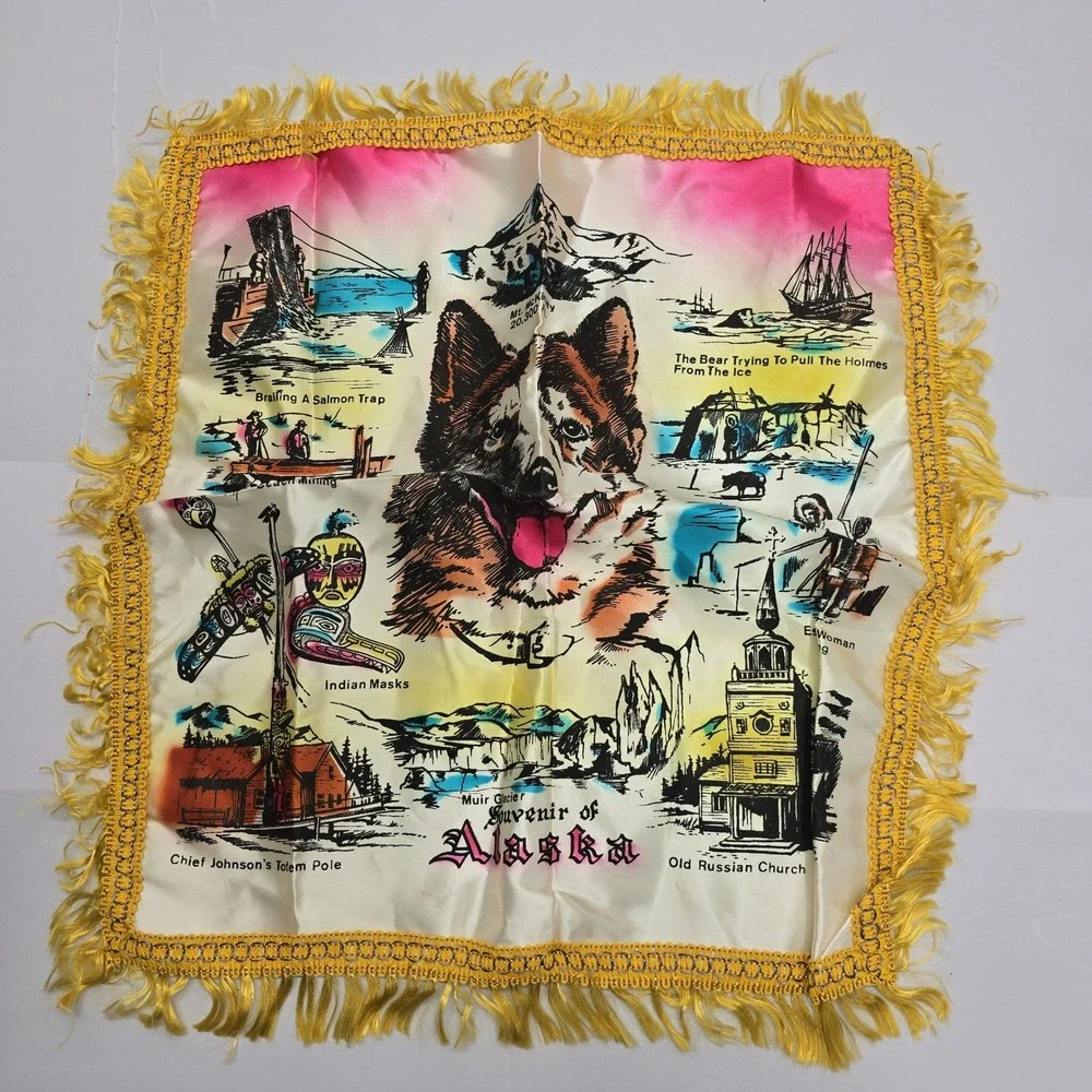 Vintage Souvenir of Alaska Fringed Pillow Cover Wall Hanging Husky Dog Totem